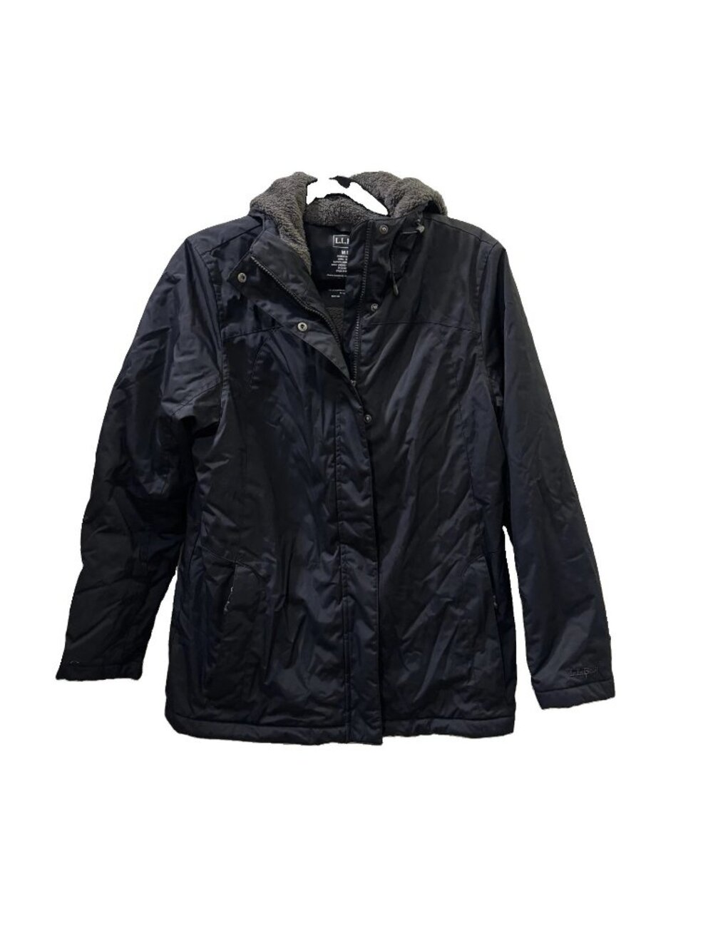 LL Bean Hooded Winter Warmer Jacket Fleece Lined Black Full Zip Women Medium